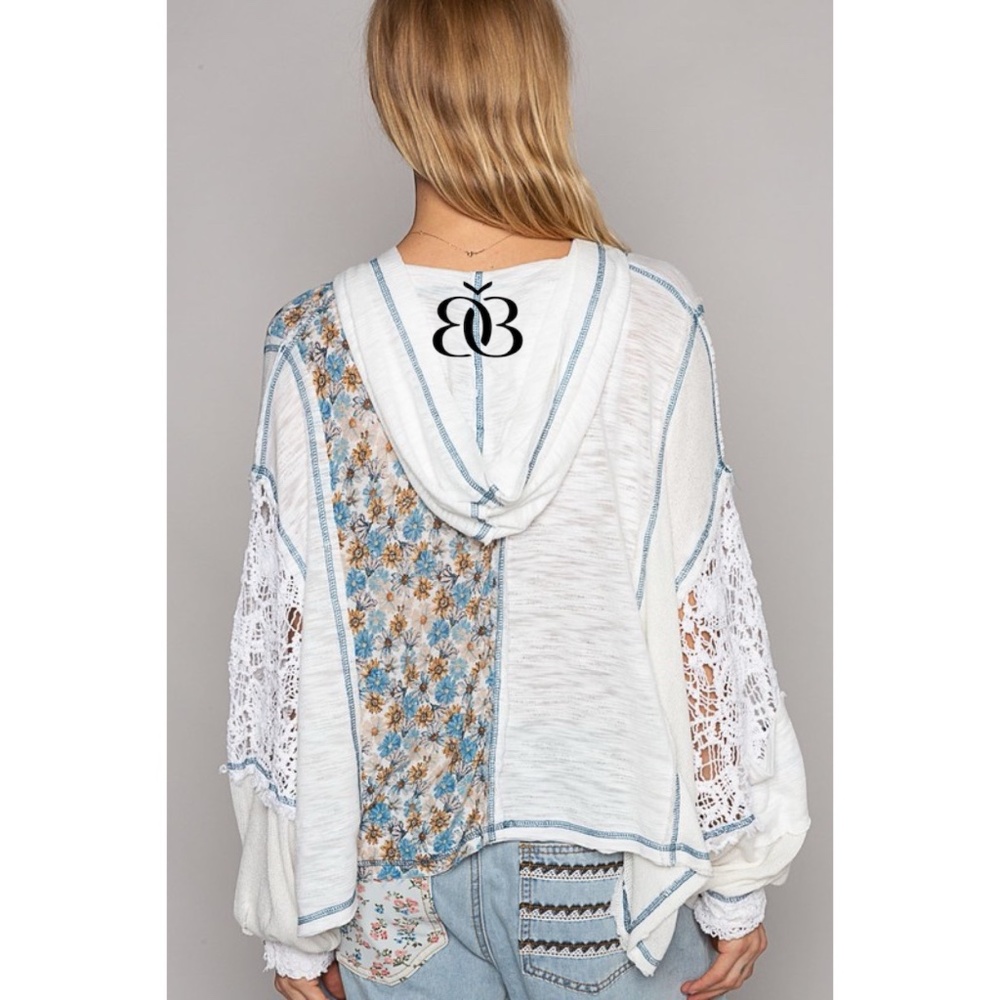 POL Ivory & Blue Floral Panel Lace Detail Half Button Hoodie Oversized - Picture 6 of 9